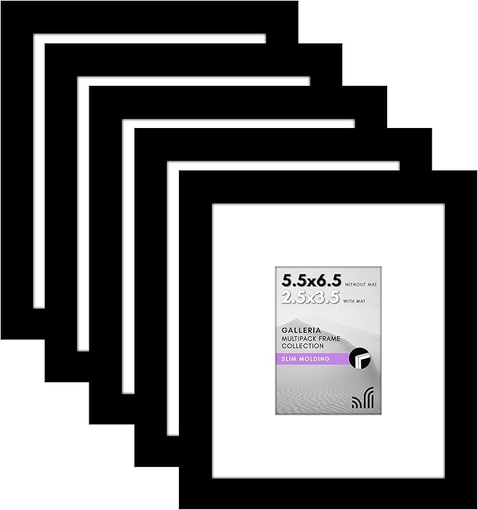Americanflat 5.5x6.5 Picture Frame with Plexiglass - Set of 5 - Use as 2.5x3.5 Frame with Mat or Display 5.5x6.5 Photo Without Mat - Galleria Collection - Picture Frames for Tabletop or Wall - Black