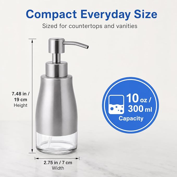 Non-Slip Soap Dispenser with Brushed Nickel Stainless Steel Case, Glass Liner - Image 7