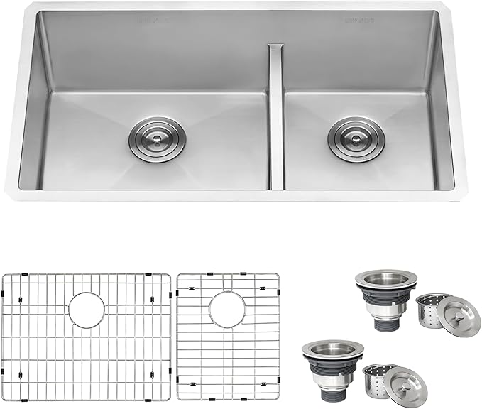 Ruvati 30-inch Low-Divide Rounded Corners Undermount Kitchen Sink - 60/40 Double Bowl Kitchen Sinks - 16 Gauge Stainless Steel Kitchen sink with Brushed Finish hides scratches - RVH7357