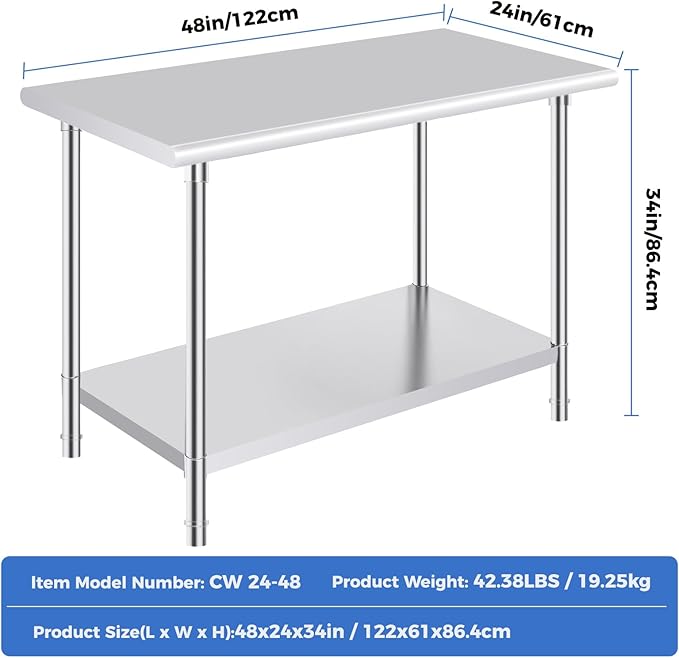 OSTBA Stainless Steel Table for Prep & Work 24x48 Inches, NSF Metal Commercial Heavy Duty Table with Adjustable Undershelf and Adjustable Foot for Restaurant Kitchen Home and Hotel
