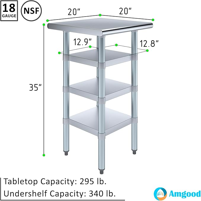 20 in. x 20 in. Stainless Steel Work Table with Three Bottom Shelves | NSF Kitchen Prep Table | Utitly Metal Table