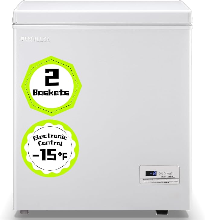 Small Mini Chest Freezer with 2 Hanging Baskets Electronic Control to 1℉Top Open Door Open Freezer Energy Saving Quiet Operation Perfect for Dorm, Garage and RVS, White