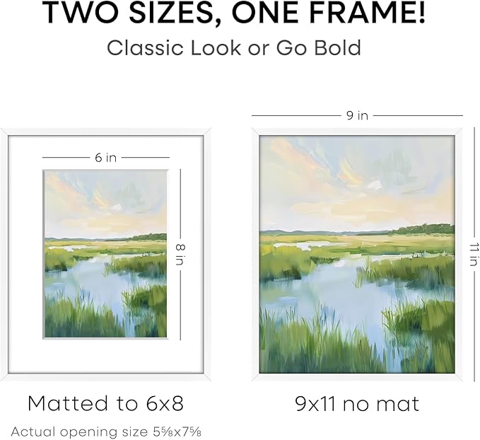 Homeforia 9x11 White Frame, High End Metal 9 x 11 Picture Frames with Mat 6 by 8 inch Photo, 9by11 Thin Poster Frame Matted to 6x8 Print, 11x9 Wall or Tabletop Frame, Tempered Glass, Wall Kit, Set of 1