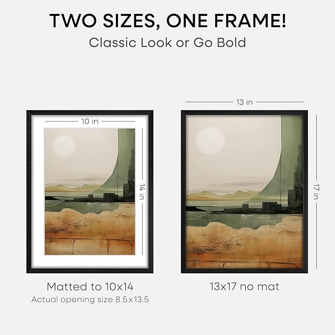 Homeforia 13x17 Picture Frame Black Wood, High End Oak 13x17 Poster Frames with Mat 10x14 Photo, 13 x 17 Wooden Frame Matted to 10 by 14 Print, 17x13 Hanging Frames, Tempered Glass, Wall Kit, Set of 2