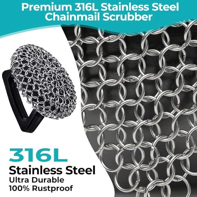 Amagabeli Cast Iron Cleaner with Handle Stainless Steel Chainmail Pan Scrubber for Cast Iron Skillet Cleaner Chain Mail Scrubber Brush Pan Pot Wok Griddles BBQ Grills