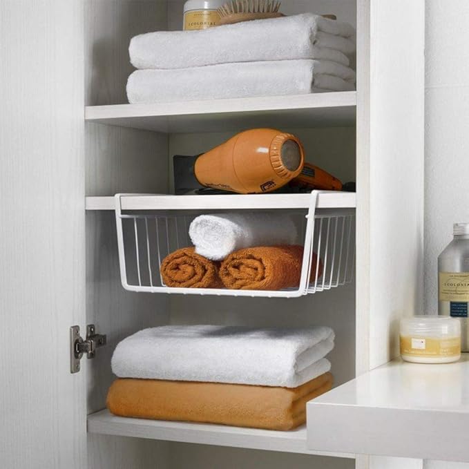 Modern Home Under Shelf Wire Storage Baskets – Hanging Organizer Rack for Cabinet, Pantry, or Closet – White Metal Basket for Kitchen, Towels, or Office – No Tools Required (Set of 2 11")