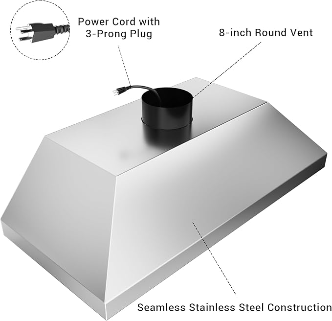 CT Copper Tailor 42-inch Range Hood Insert with Inline Remote Blower,1260CFM Kitchen Vent Hood, 4-Speed Exhaust Fan, 4 LED Lights, 8" Round Ducted,Baffle Filters, in Stainless Steel