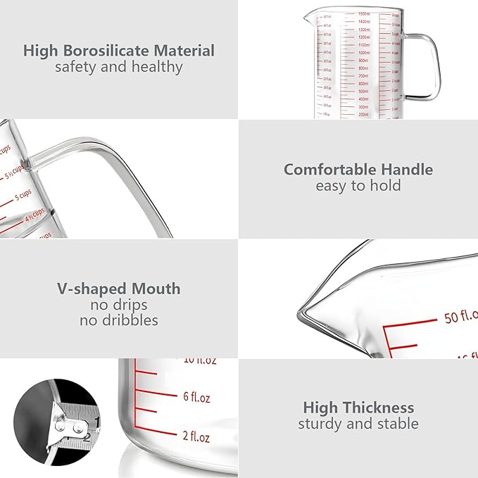 WhiteRhino Glass Measuring Cup,6Cup/1500ml/50oz Liquid Measuring Cups, Measuring Cup With Handle and V-Shaped Spout, Glass Beaker with Three Scales (OZ, Cup, ML), Dishwasher/Freezer/Microwave Safe