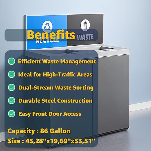 (86-Gallon) Dual Waste Recycling Station with Panel, Dark Gray Restaurant Trash Can Cabinet