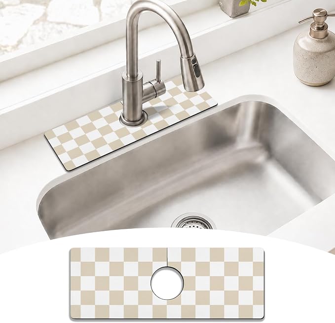 Light Brown White Checkered Kitchen Sink Splash Guard Faucet Mat, Faucet by puwbnhj