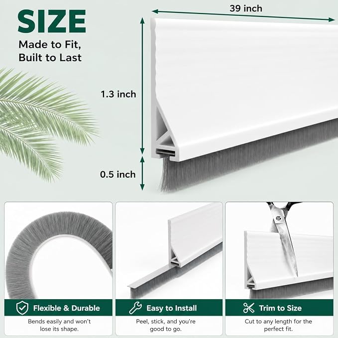 Door Draft Stopper with Brush, 2 Pack | Self Adhesive Weather Stripping - Image 4