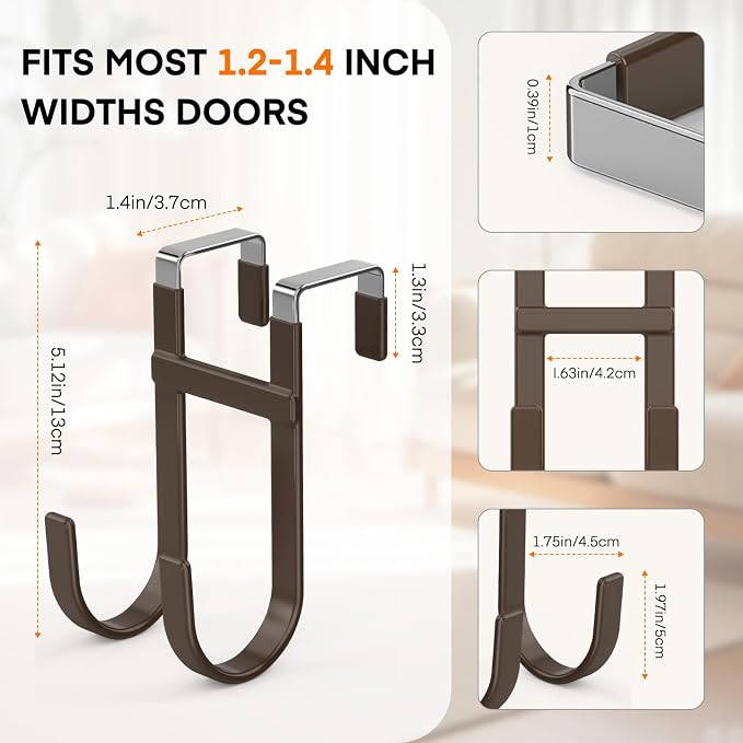FYY Over the Door Hooks, Double-Hanger 2 Pack, Fits Doors 1 3/8" Brown | Heavy - Image 2