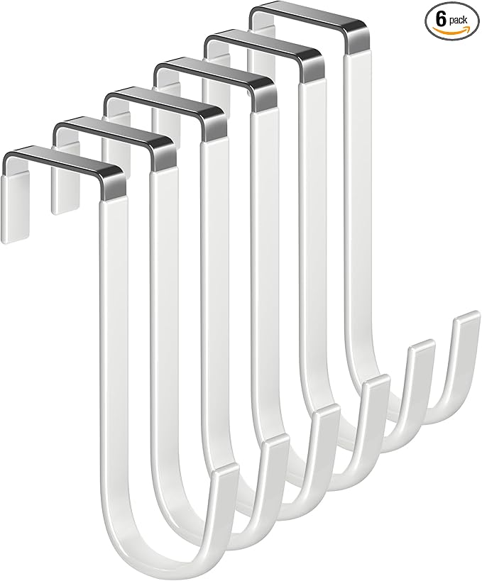 Single Over Door Steel Hooks 6 Pack Fit 1-3/8" Door 5.5" White | Plastic Coated by Mars-Rock