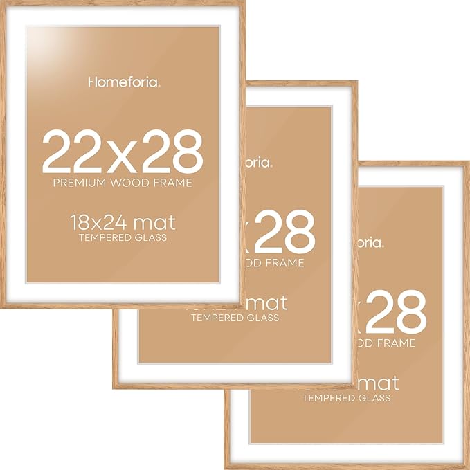 Homeforia Wooden Poster Frame 22x28, High End Natural Oak 22 x 28 Picture Frame with Mat 18 by 24, 22x28 Light Wood Frame Matted to 18x24 Photo, 28by22 Large Frames, Tempered Glass, Wall Kit, Set of 3