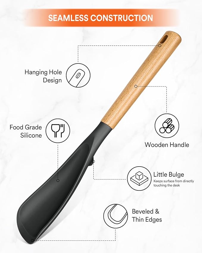 Cooking Spoon for Nonstick Cookwares, Great for Cooking and Serving Sturdy BPA-Free Matte Silicone, Wood Handle Spoon for Mixing, Scoop, and Scrape (GREY, 13.4 inch)