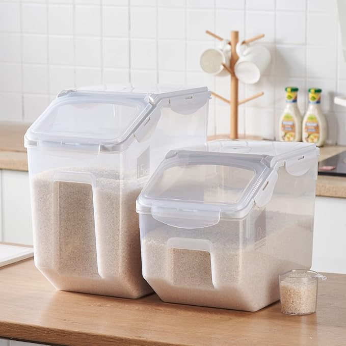 HANAMYA 10 Liter / 20 lbs Rice Storage Container with Measuring Cup, BPA free, For Rice | Grain | Pet Food | Flour, 2 counts, Clear