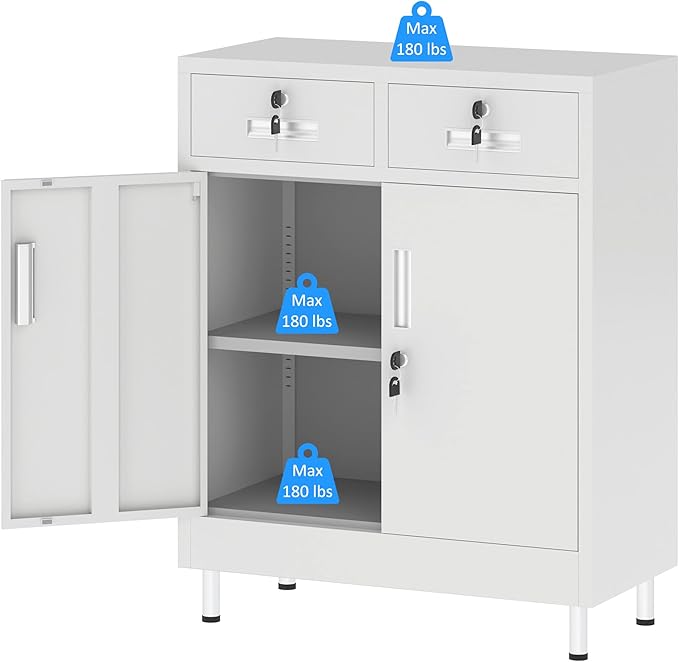 Metal Storage Cabinet with Locking Doors and 2 Drawers, Lockable Storage Cabinet with Adjustable Shelf for Home Office Garage Entryway Pantry (White)