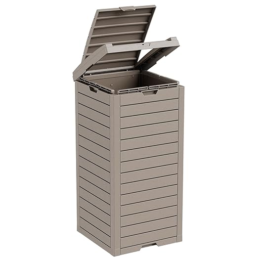 Outdoor Trash Can with Lid, Outdoor Trash Bin & Pull-Out Liquid Drawer, Dual Lid Closure Design, Waterproof Resin Garbage Can Container for Patio, Backyard, Deck (Grey, 38 Gallon)