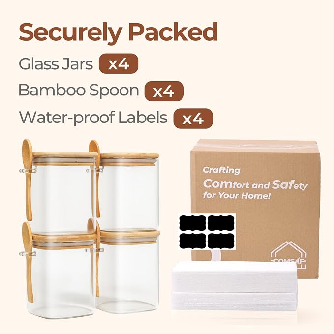 ComSaf Glass Container with Spoon & Lid 0.8 Qt, 4 Pack Glass jar with spoon - Image 8
