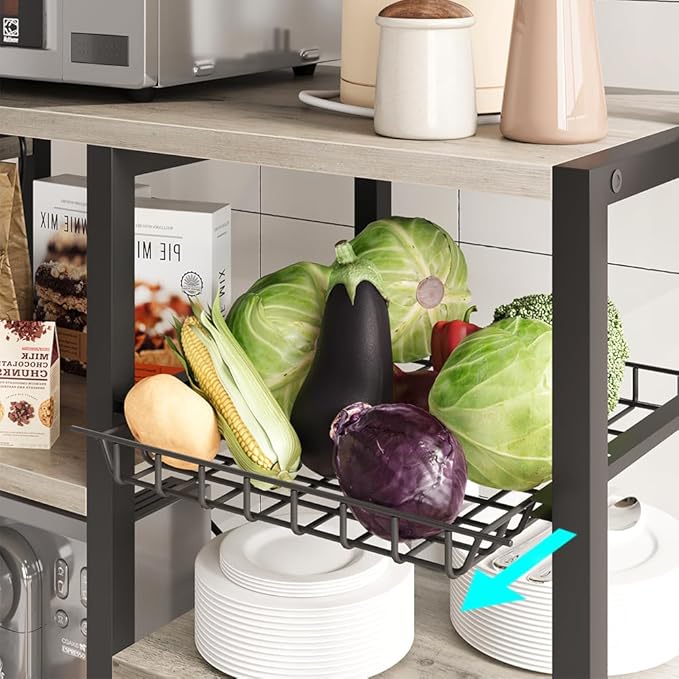 Garvee 5-Tier Bakers Rack with Wire Basket, Microwave Stand with Built-in Power Outlets, Coffee Bar Station, and Open Kitchen Shelving for Spices, Dishes and Pots, Gray