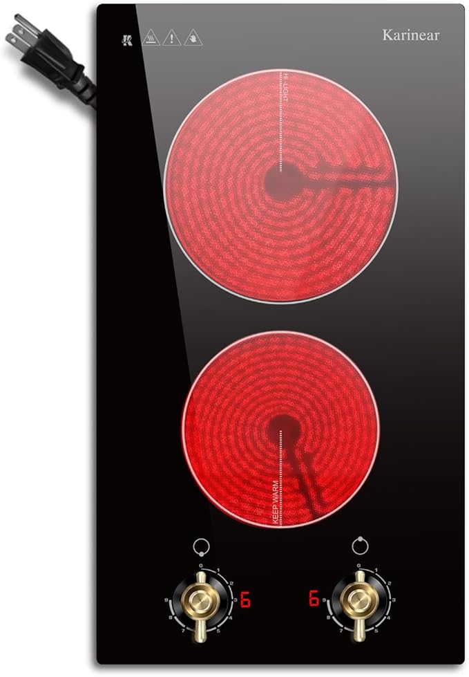 Karinear 110V Electric Cooktop 2 Burners Electric Stove 12 Inch Knob Control Countertop & Built-in Ceramic Cooktop, 9 Heating Level, Hot Warning, Over-Temperature Protection(Gold Knob)