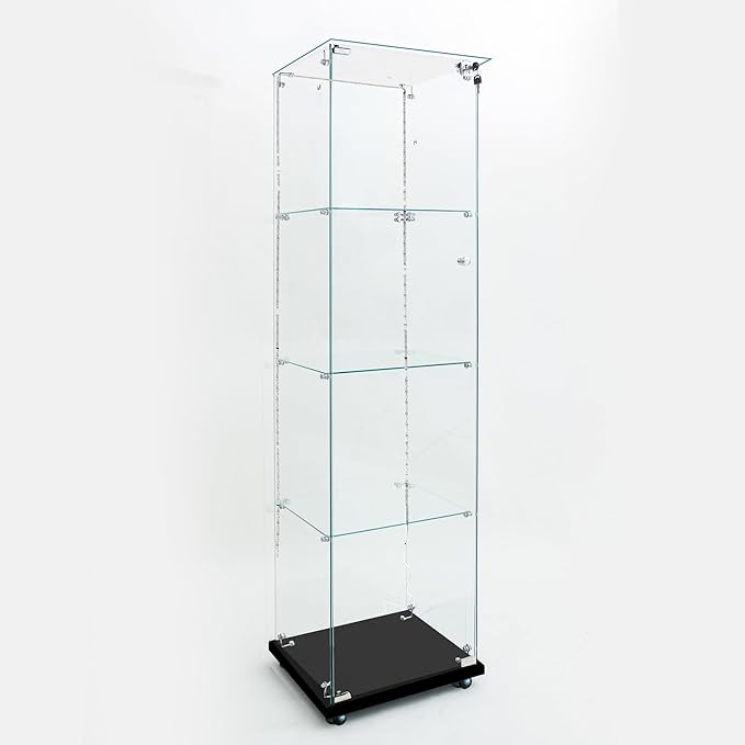 Glass Display Cabinet with LED Light Strip, 4 Shelves with 1 Door, Glass Top Curio Storage Cabinets with Lock & Caster for Living Room, Floor Standing Bookshelf, Quick Installation - Black