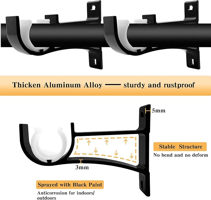 KOLAKO Curtain Rod Brackets, Heavy Duty Black Curtain Rods Holders Hook Hangers - Image 4
