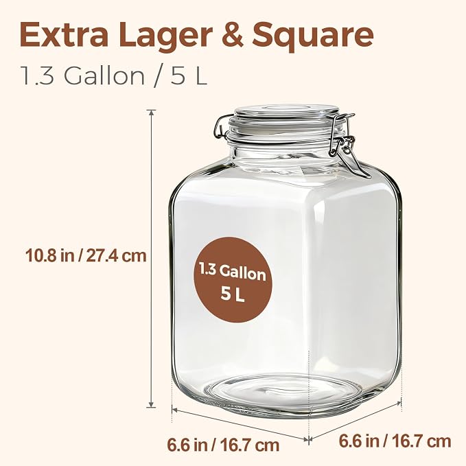 ComSaf Square Glass Jars with Airtight Lid 1.3 Gallon 2 Pack Large Canister | - Image 2