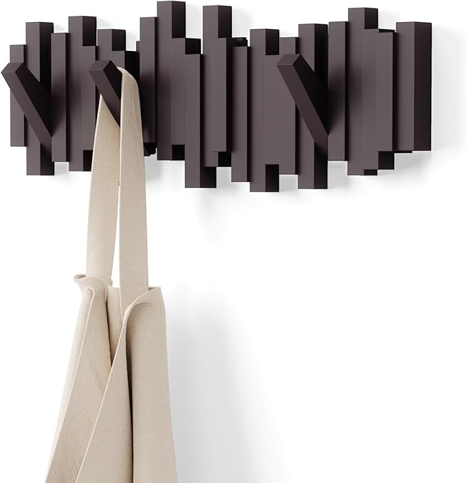 Umbra Sticks Wall Mount Coat Rack, 5 Hook Retractable Pegs, Espresso | Mounting by Umbra