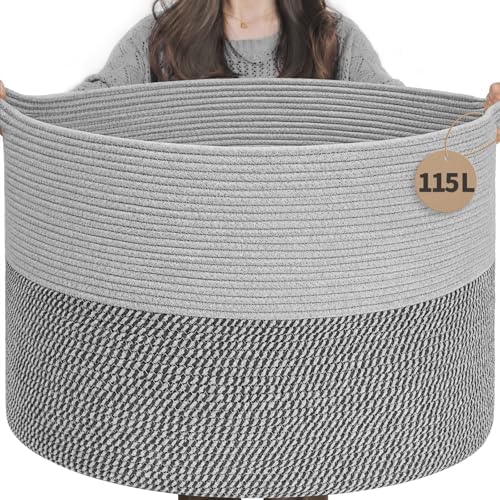 INDRESSME 115L Extra Large Woven Rope Blanket Basket Living Room by INDRESSME