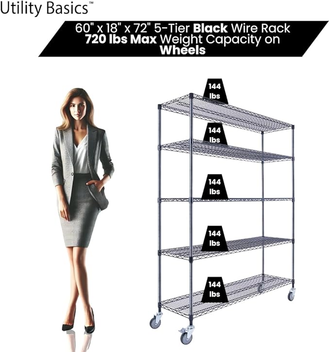 NSF Commercial 5-Tier Wire Shelving with Wheels, 60"x18"x72" Heavy Duty Metal Shelves 4000 lbs Max Capacity, Black Storage Rack for Garage Kitchen Pantry Warehouse