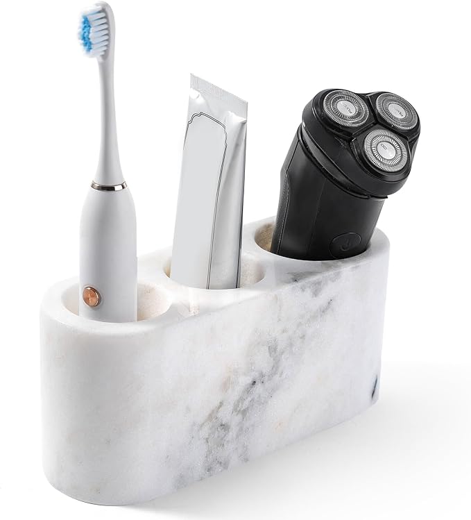 BCS Toothbrush Holder for Bathrooms, 3 Slots Marble Toothbrush Organizer by BCS