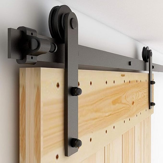 CCJH 14FT Single Sliding Barn Door Hardware Kit Black Carbon Steel Hanger Flat Track System for Closet Kitchen 1 Door 84 inch Wide, Smoothly and Quietly I Shape Roller