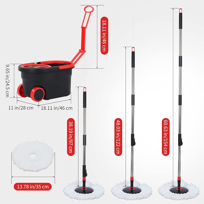Spin Mop and Bucket with Wringer Set on Wheels, 3 Mop Heads - Image 2