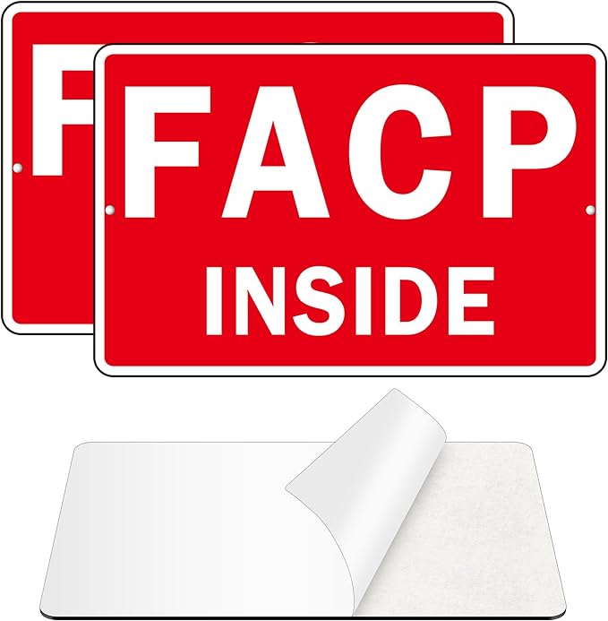 FACP Sign, (2 Pack) Self Adhesive FACP Inside Signs, Rust Free and Reflective Aluminum Metal Sign Sticker for Door (9 x 6 inches, Red/White)