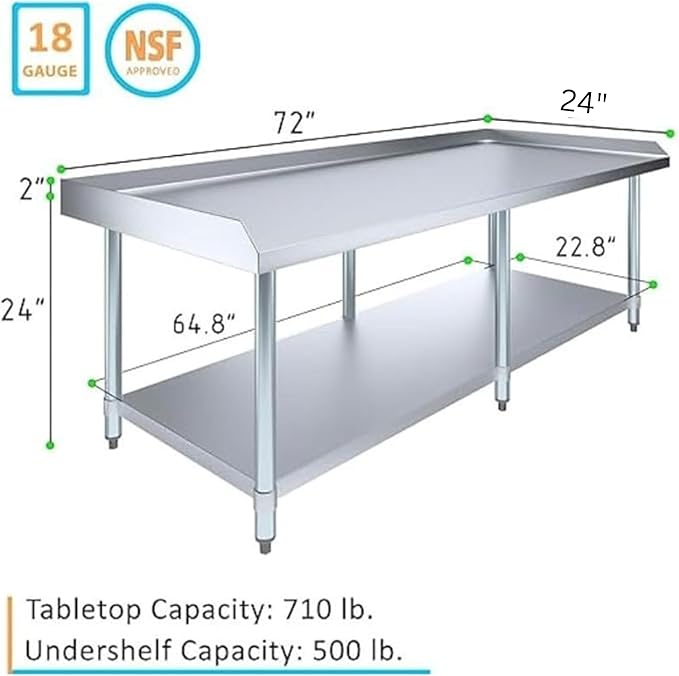 NSF Certified 18 Gauge Heavy Duty Stainless Steel Equipment Grill Stand with Undershelf for Kitchens, Utility Rooms, Caterers & Auto (72" x 24")