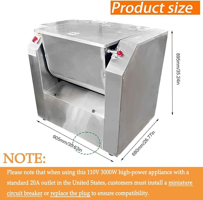 50KG Commercial Electric Dough Mixer,3000W Food Mixer, 110V Heavy-Duty Dough Kneading Machine with Stainless Steel Dough Knife for Bakery, Restaurant