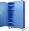 VINGLI Large Metal Storage Cabinet with 2 Doors and 5 Adjustable Shelves, Upgraded Height & Wide & Deep, 43''W x 20''D x 72''H, Oversized Garage Storage Cabinet with Wheels and Locks (Blue)