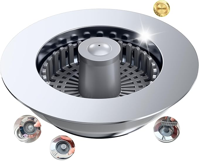 Kitchen Sink Drain Strainer, Sink Strainer, 3 in 1 Kitchen Sink Stopper, Sink Drain Stopper with an Extra Anti-Clog Sink Strainer Basket for Standard 3-1/2" Drain, Brass Material Electroplated Chrome