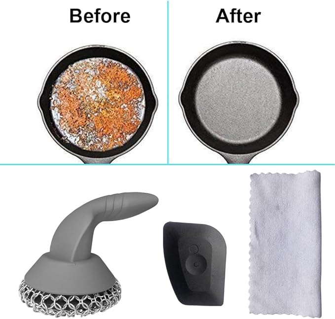 Cast Iron Scrubber with Pan Scraper & Towl, 316 Chainmail Scrubber with Long Handle, Upgraded Chain Mail Scrubber Cleaner for Grill Pan Skillet Wok Carbon Steel Dutch Oven Metal Brush (Grey)