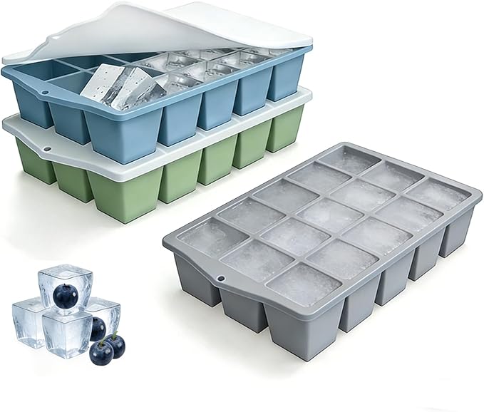 Silicone Ice Cube Tray, 3 Pack Easy-Release Stackable Ice Trays for Freezer with Lid 15 Reusable Cubes, Food Grade BPA Free Ice Molds for Whiskey, Baby Food, Coffee, Cocktail (Blue+Green+Grey)
