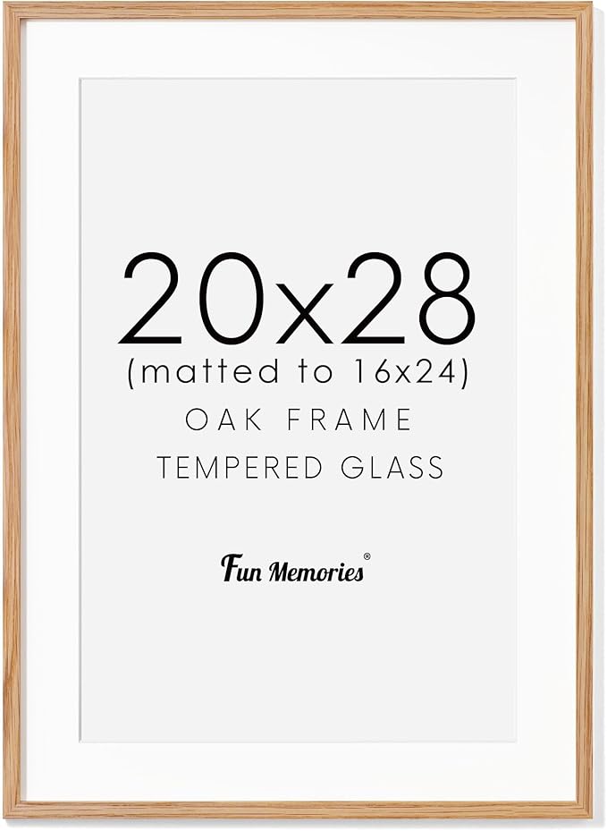 20x28 Oak Wood Picture Frame, 20"x28" Poster Frame for Wall, 20x28 Picture Frame with Mat for 16x24, Solid Oak Wood Photo Frame 20 x 28 with Tempered Real Glass (Natural Oak Color, 1 Pack)
