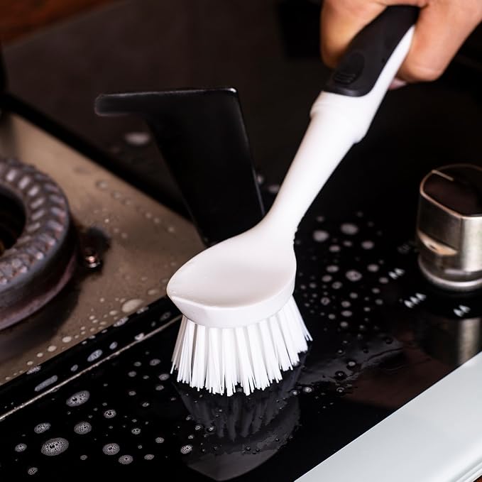 Dish Brush with Handle, Dish Scrub Brush with Built-in Scraper | Nylon Dish - Image 5