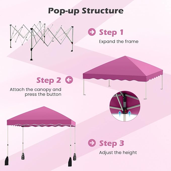 Tangkula 10x10 FT Pop Up Canopy, UPF50+ Easy Set up Instant Tent with Wheeled Bag, 8 Stakes, 4 Anchors, 4 Wind Ropes, 4 Sandbags, Heavy Duty Outdoor Canopy Tent 10x10 for Patio Party Backyard (Pink)