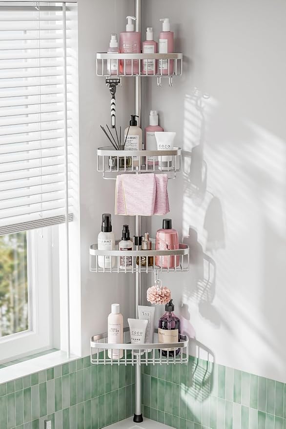 ESSEME Corner Shower Caddy Tension Pole: Adjustable Rustproof 4-Tier Inside by ESSEMELLC