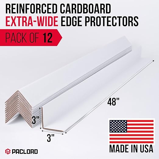 Extra-Wide 48" x 3" x 3" Reinforced Cardboard Edge Protectors (Pack of 12) – 0.225" Heavy-Duty Thickness – Cardboard Edge Protectors for Shipping – American Quality Pallet Edge Protector