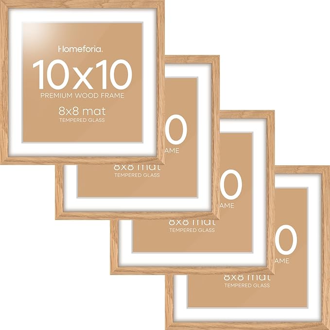 Homeforia 10x10 Picture Frame Wood, High-End Natural Oak 10 x 10 Thin Square Poster Frames with Mat 8 by 8 inch Photo, 10by10 Light Wooden Frame Matted to 8x8 Print, Tempered Glass, Wall Kit, Set of 4