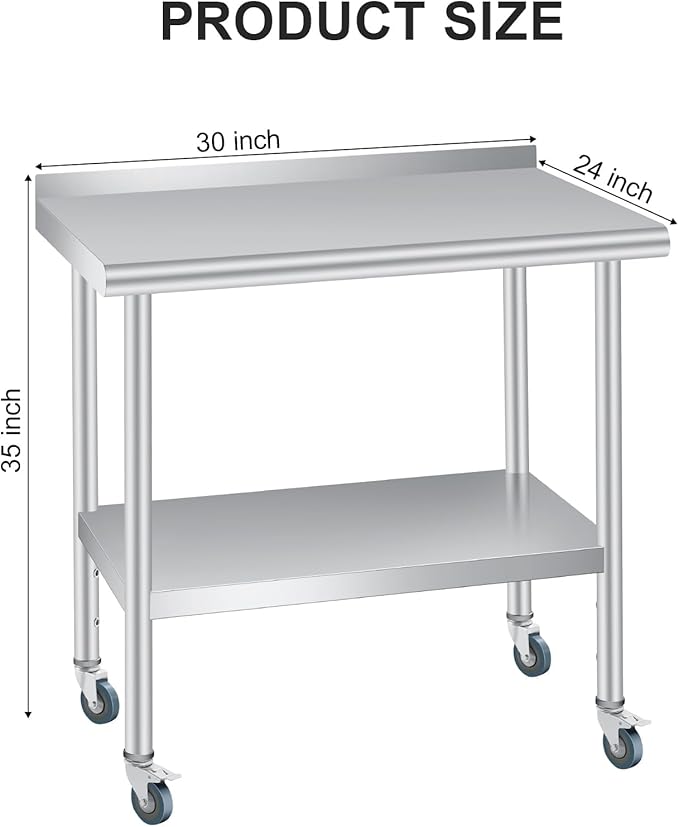 Stainless Steel Prep Table, 30 x 24 inches, with Backsplash, Adjustable Undershelf & 4 Wheels, Commercial Heavy Duty Table with Adjustable Under Shelf for Outdoor Use,Restaurants,Hotels,Works