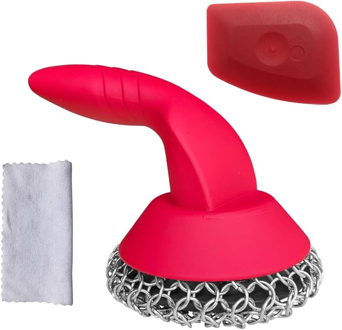 Cast Iron Scrubber with Pan Scraper & Towl, 316 Chainmail Scrubber with Long Handle, Upgraded Chain Mail Scrubber Cleaner for Grill Pan Skillet Wok Carbon Steel Dutch Oven Metal Brush (Red)