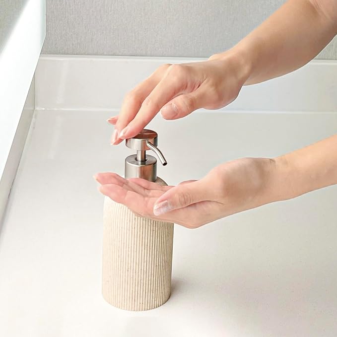 Sand Beige Soap Dispenser with Stainless Steel Pump, 11oz | Luxury Farmhouse - Image 5
